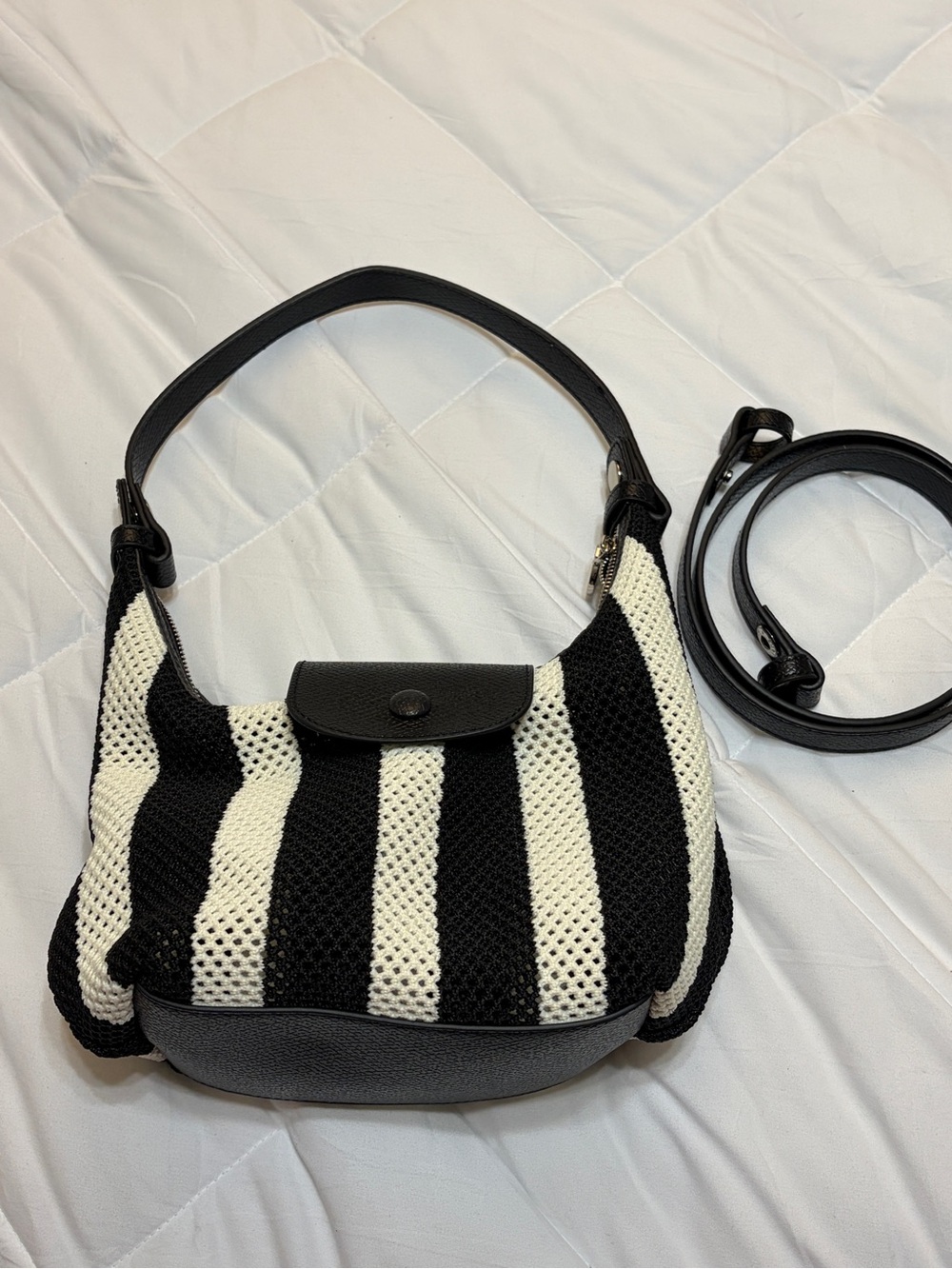 Black and White Striped Crochet Shoulder Bag